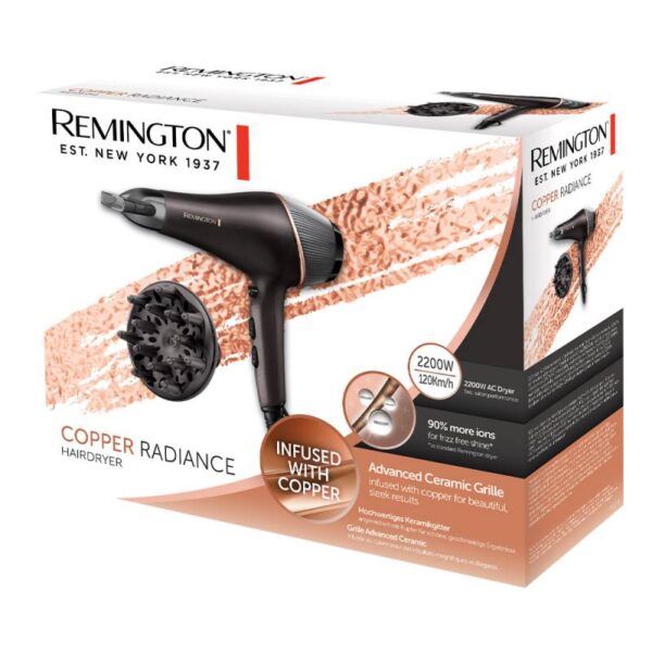 Сешоар Remington AC5700 Copper Radiance, 2200W, Йонизация, 120 км/ч струя, Cool Shot, Черен/Меден - Technomani