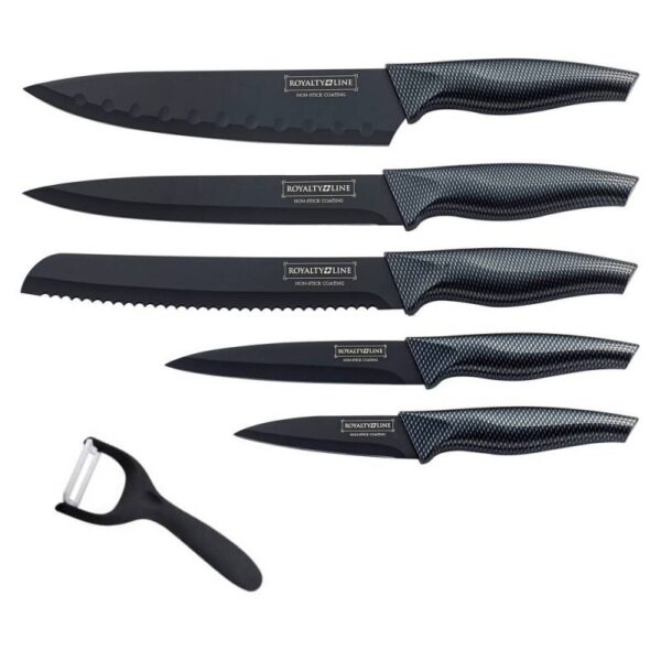 Комплект ножове с белачка Royalty Line RL-CB5, 6 части, Антибактериално покритие, Незалепващо покритие, Черен - Technomani