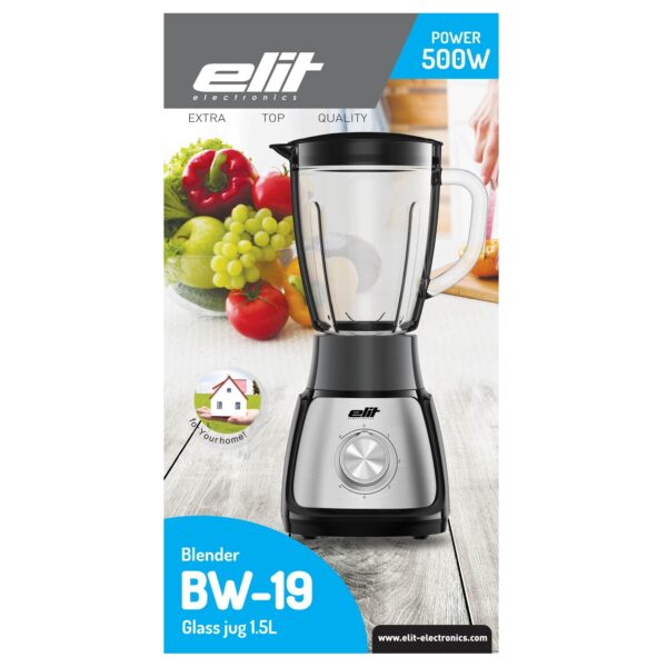 Блендер Elit BW-19, 500W, 1.5L, Стъклена купа, 5 скорости, Pulse функция, Остриета от неръждаема стомана, Черен