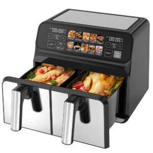 Двоен фритюрник с горещ въздух Elit NUTRIFRY AF8100, Air Fryer, 8L, 1700W, Цветен дисплей, Таймер, 10 програми, Незалепващо покритие, Инокс/Черен