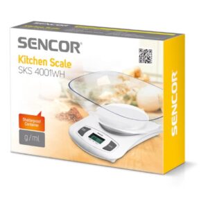 Кухненска везна с купа Sencor SKS 4001WH, Купа 2 л, 5 кг, LCD екран, Тара, Бяла