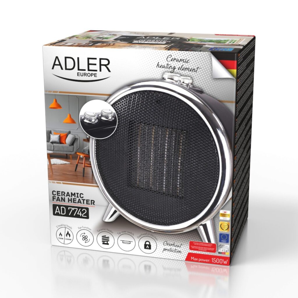 Вентилаторна керамична печка Adler AD 7742, 1500W, Вентилатор, 2 степени, Черен