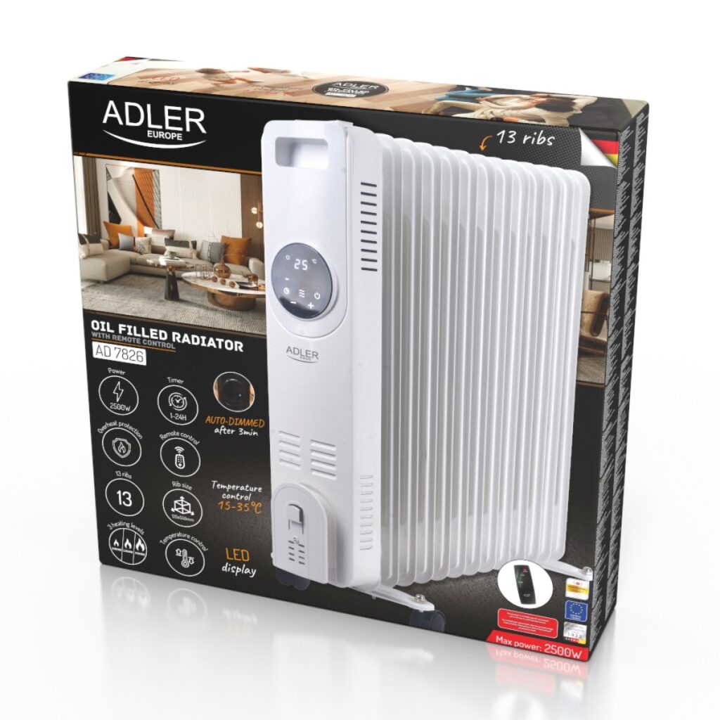 Маслен радиатор Adler AD 7826, 2500W, Дистанционно управление, 13 ребра, 3 степени, LED дисплей, Регулиране на температура