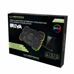 Охладител за лаптоп Esperanza Breva EGC107, 2600-3000 RPM, До 17.3", RGB със 10 режима, Поставка за телефон, USB, Черен - Technomani