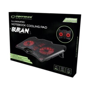 Охладител за лаптоп Esperanza Buran EGC102, 1500-2000 RPM, До 17.3", Червена LED подсветка, 17 dBA, USB, Черен - Technomani